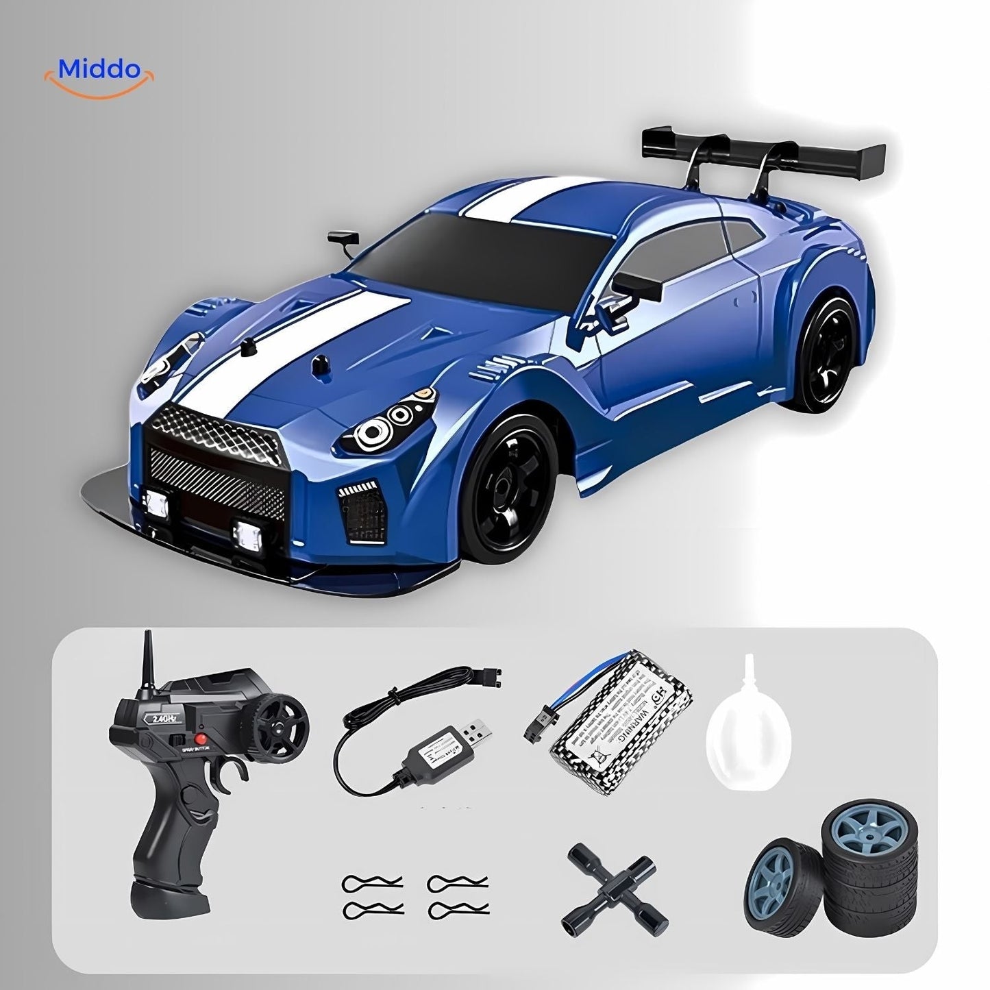 DriftMaster GTR blauwe drift auto met accessoires www.middo.nl