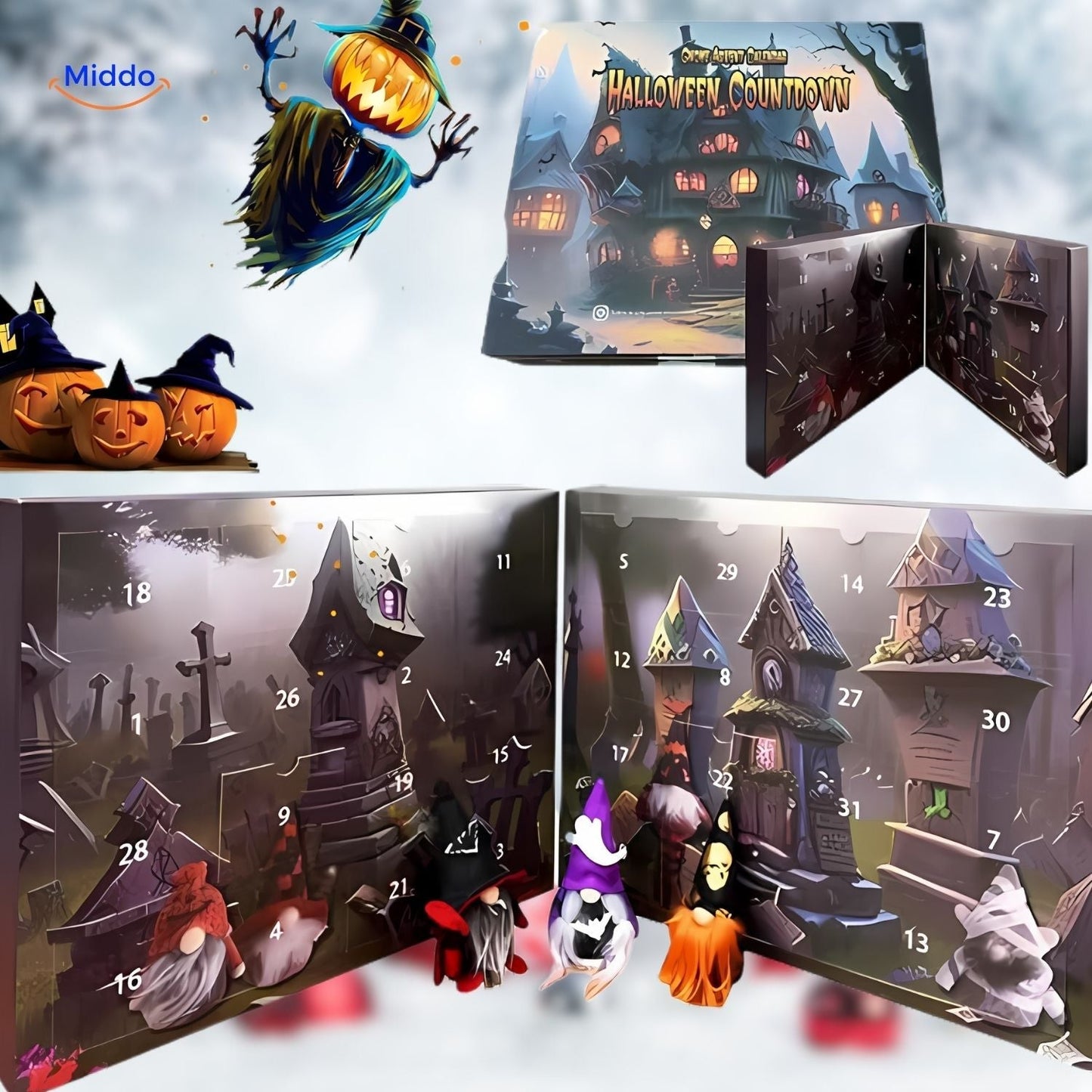 FestiveFrights Pluche Kalender halloween teller met griezelige gnomen www.middo.nl