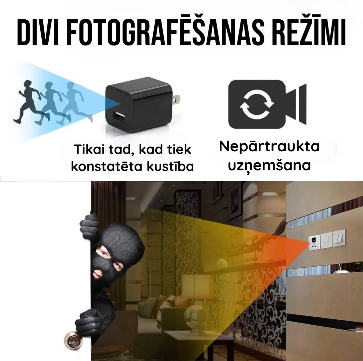 lādētājā iebūvēta 1080P HD slepena mini kamera