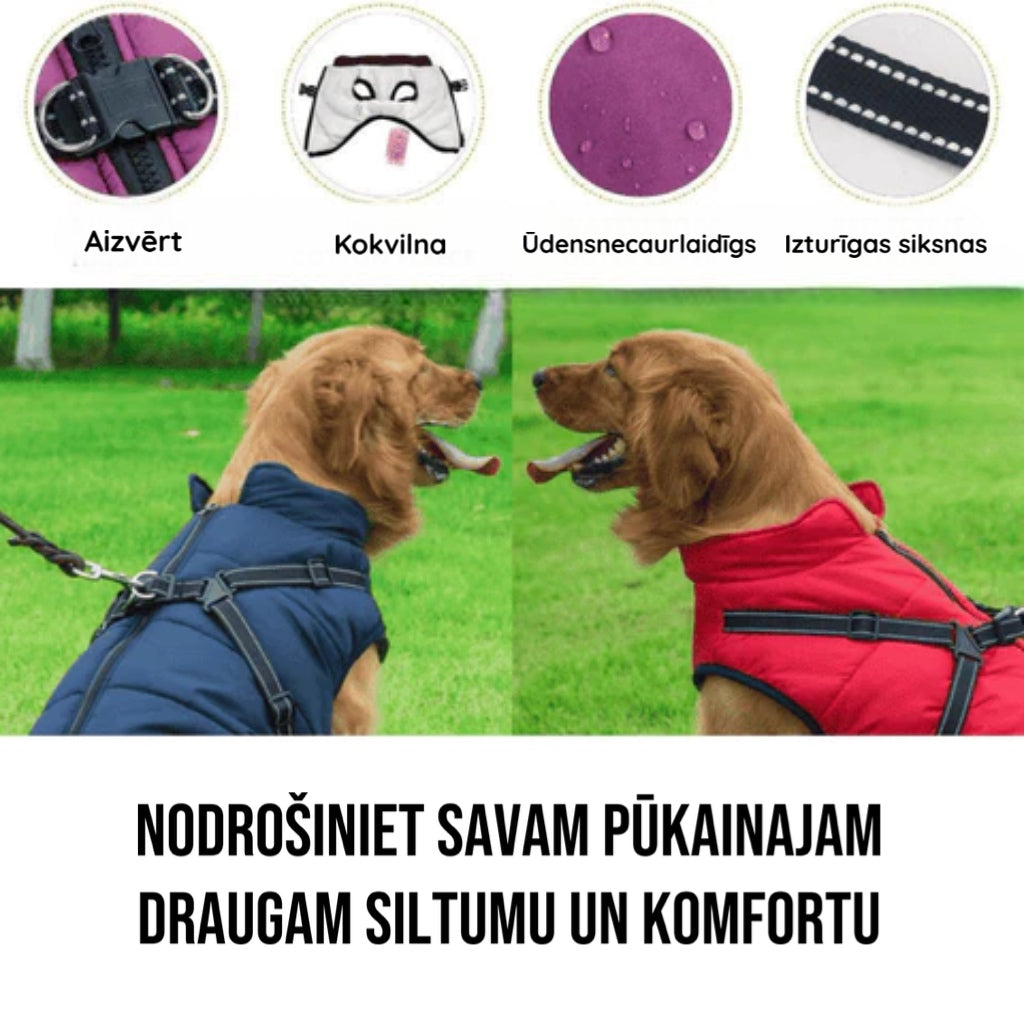 DogFashion™ - ūdensnecaurlaidīga ziemas jaka suņiem ar integrētām siksnām